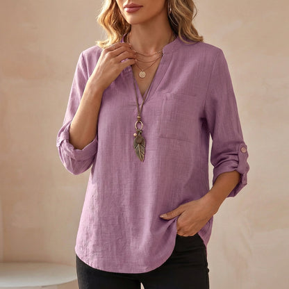 Relaxed V-Neck Cotton Linen Tunic Blouse with Roll-Up Sleeves