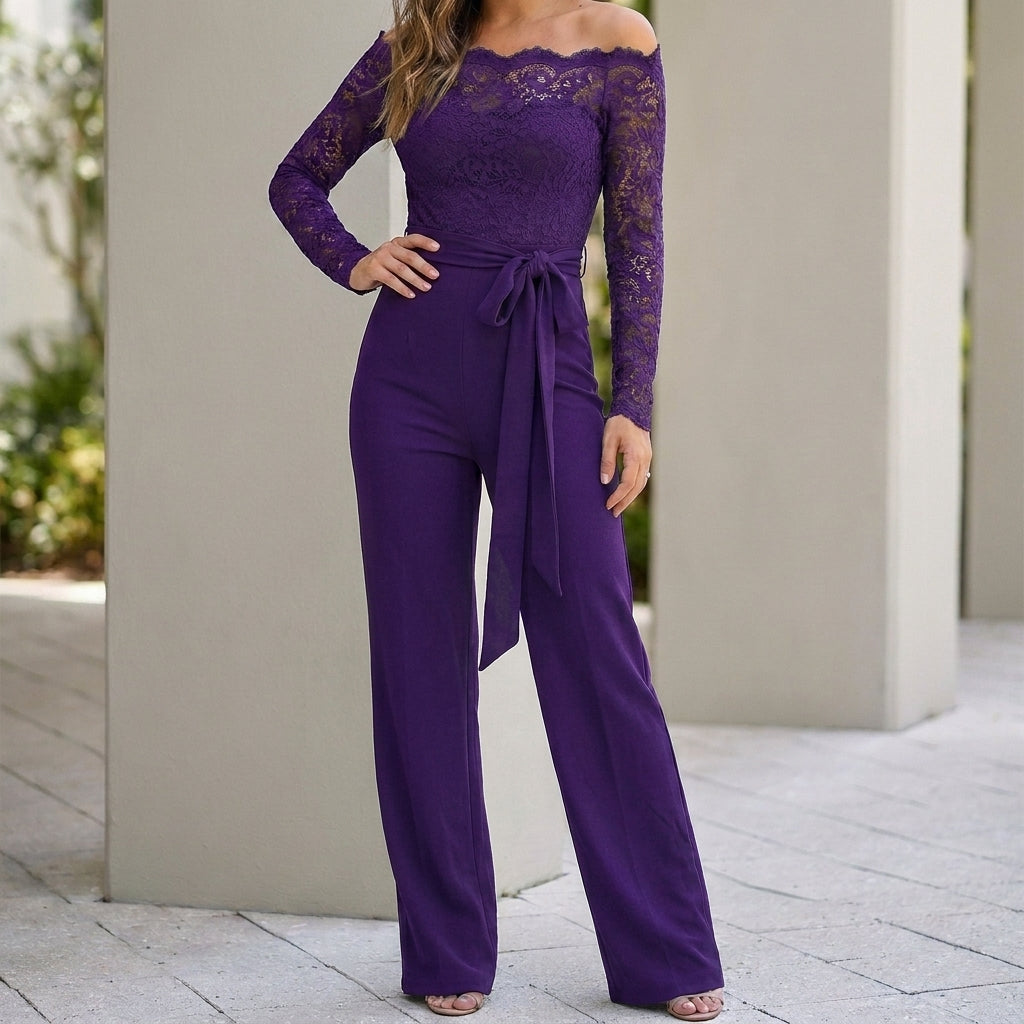 Off-the-Shoulder Lace Bodice Wide-Leg Jumpsuit with Tie Waist