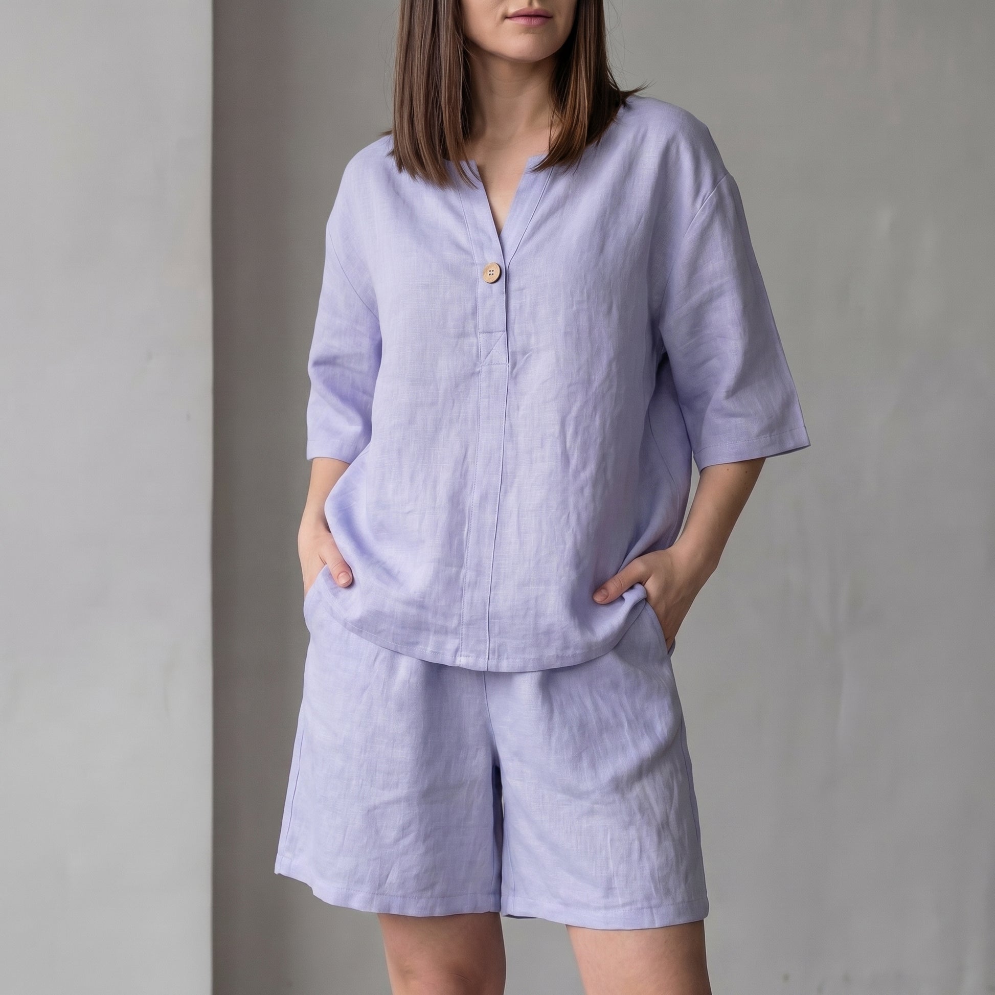 Oversized Woven Two-Piece Set with V-Neck Shirt and High-Waist Shorts