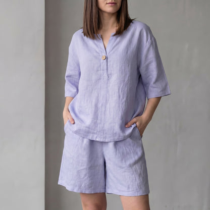 Oversized Woven Two-Piece Set with V-Neck Shirt and High-Waist Shorts