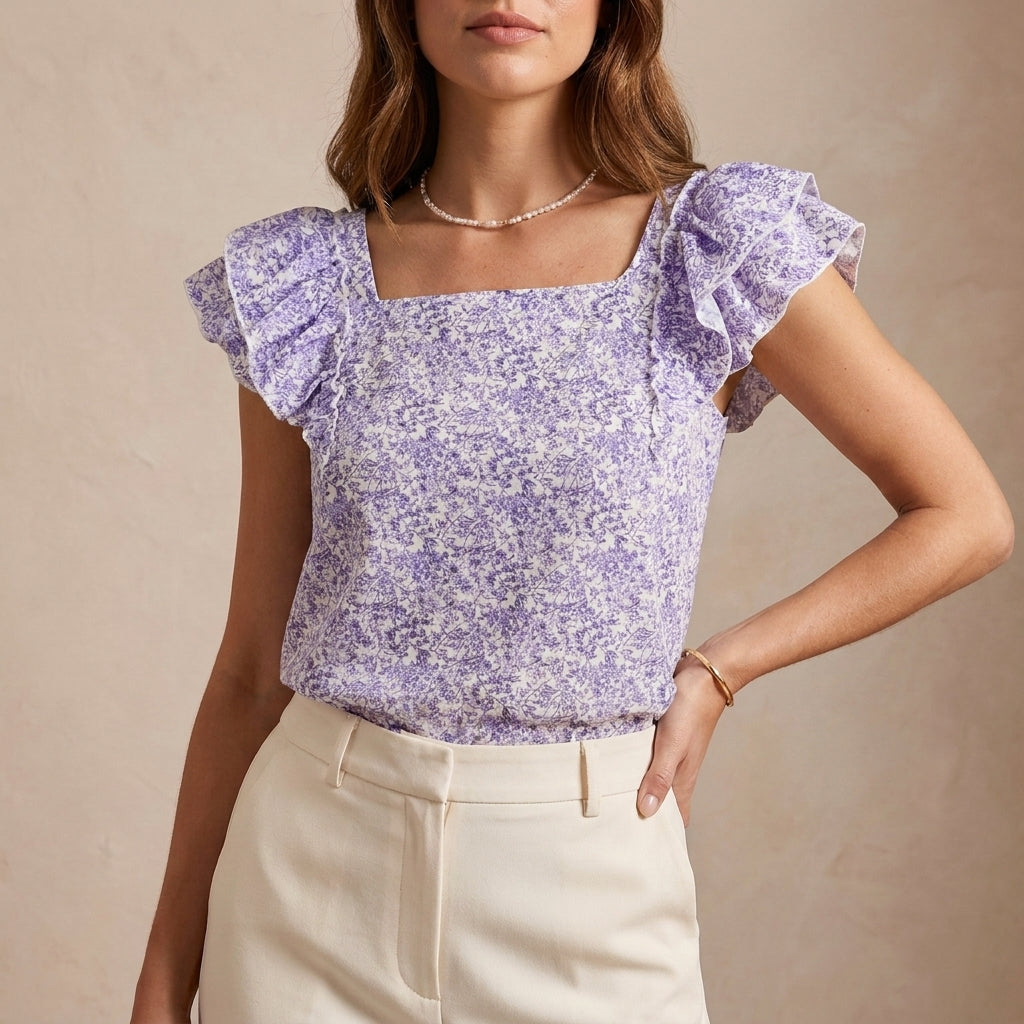Relaxed Floral Print Ruffle Blouse with Square Neck and Back Bow Closure