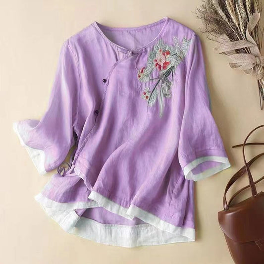 Embroidered Artisan Kimono-Style Linen Blend Blouse