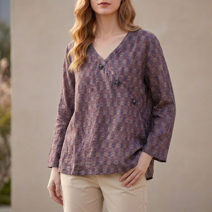 Relaxed Crosswrap Blouse with V-Neck and High-Low Hem