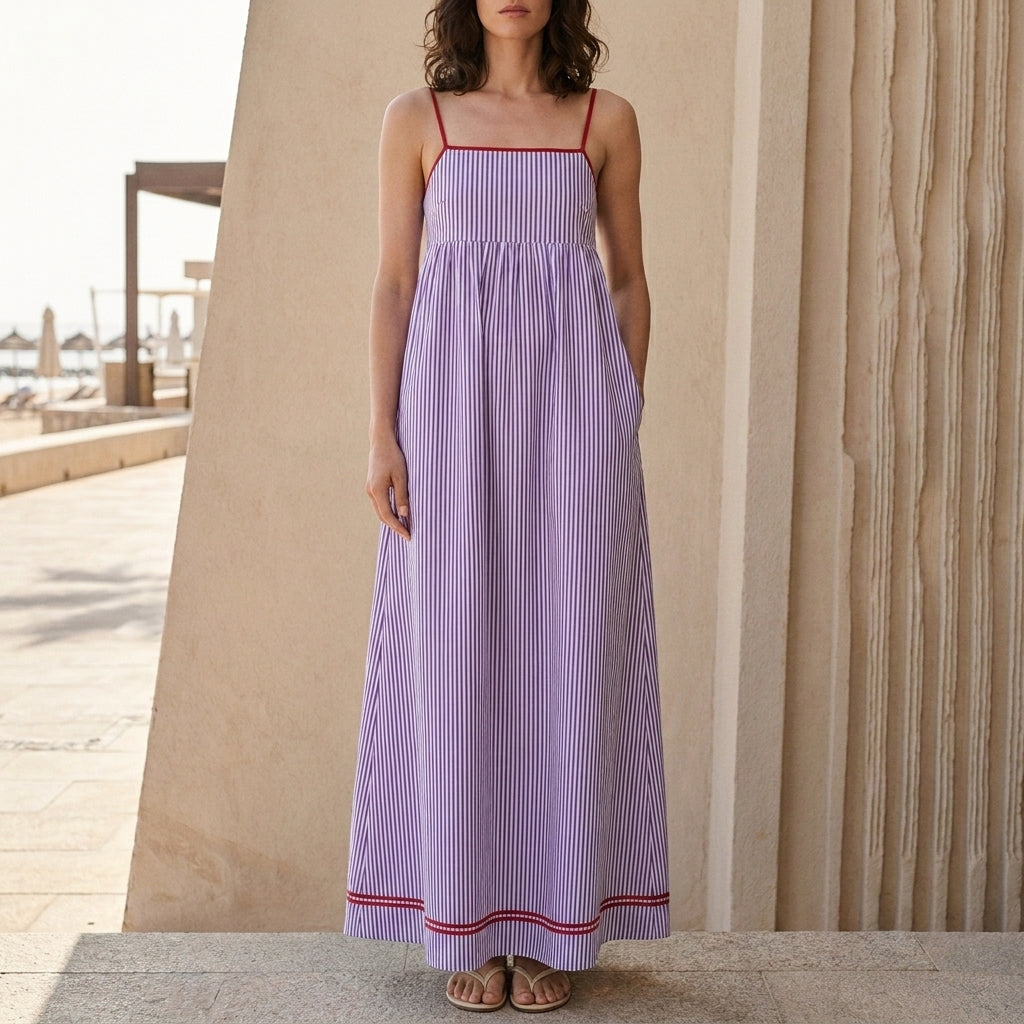 Striped Square Neck Sleeveless Maxi Dress with Pockets