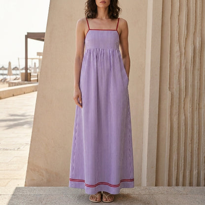 Striped Square Neck Sleeveless Maxi Dress with Pockets