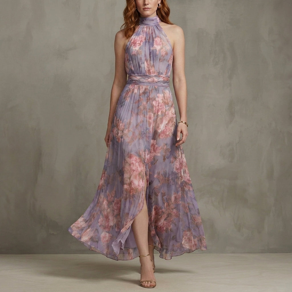 Floral Halter Neck Maxi Dress with Flowing Silhouette