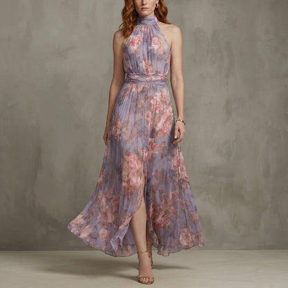 Floral Halter Neck Maxi Dress with Flowing Silhouette