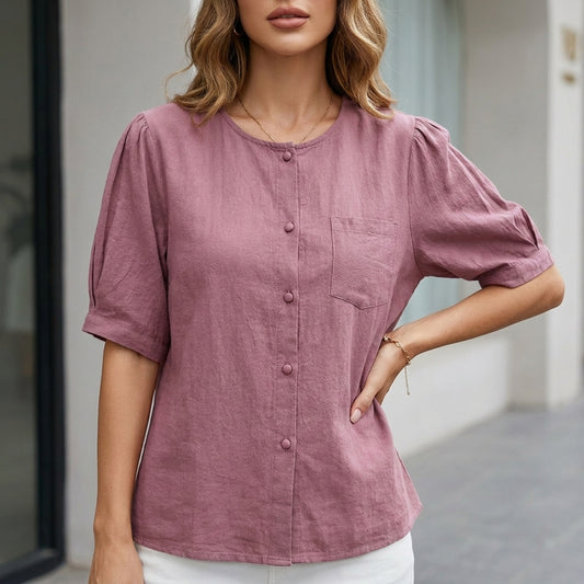 Relaxed Button-Up Blouse with Soft Short Sleeves and Front Pocket