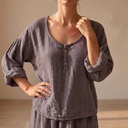 Relaxed V-Neck Cotton Blend Blouse with Textured Volume Sleeves