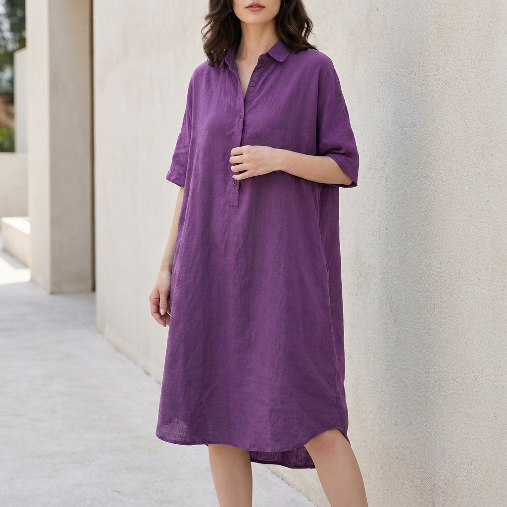 Relaxed Button-Front Midi Tunic Dress with Side Pockets