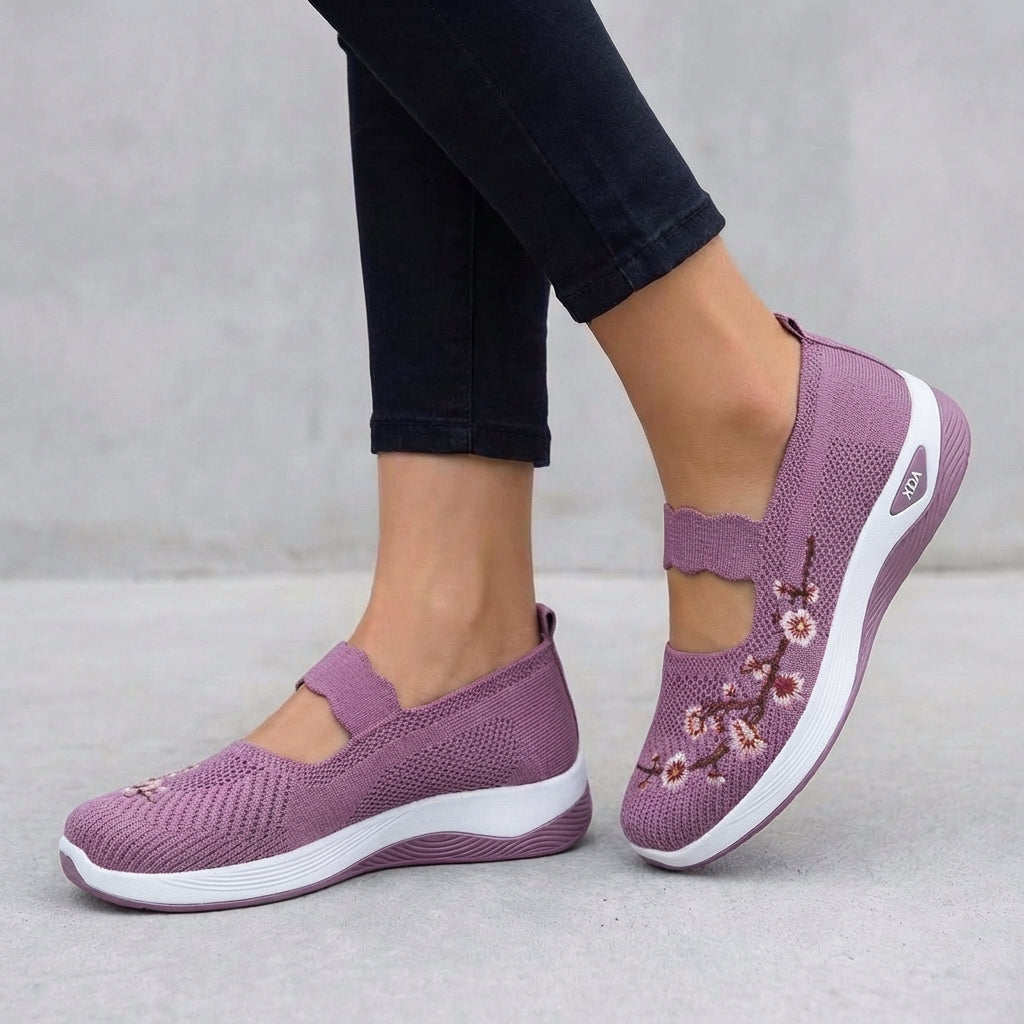 Knit Mesh Mary Jane Flats with Floral Embroidery and Scalloped Strap