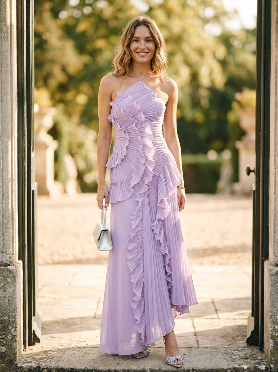 Halter Maxi Dress with Ruched Bodice and Ruffled Pleated Skirt