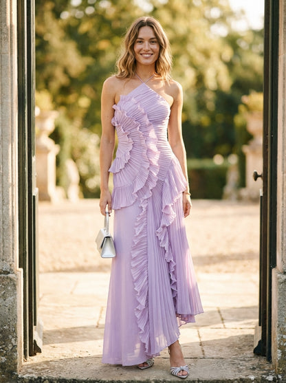 Halter Maxi Dress with Ruched Bodice and Ruffled Pleated Skirt