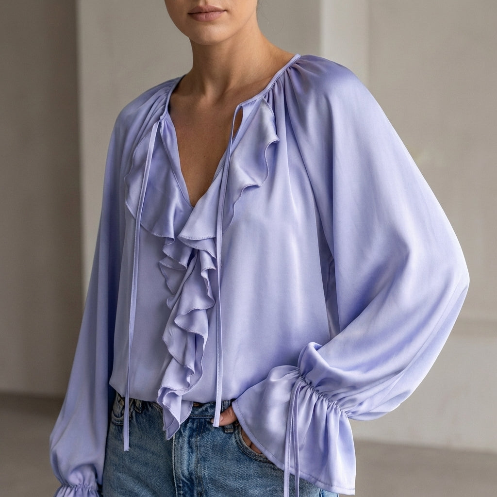 Relaxed Ruffled Horn Sleeve Blouse with Lace-Up V-Neck Detail
