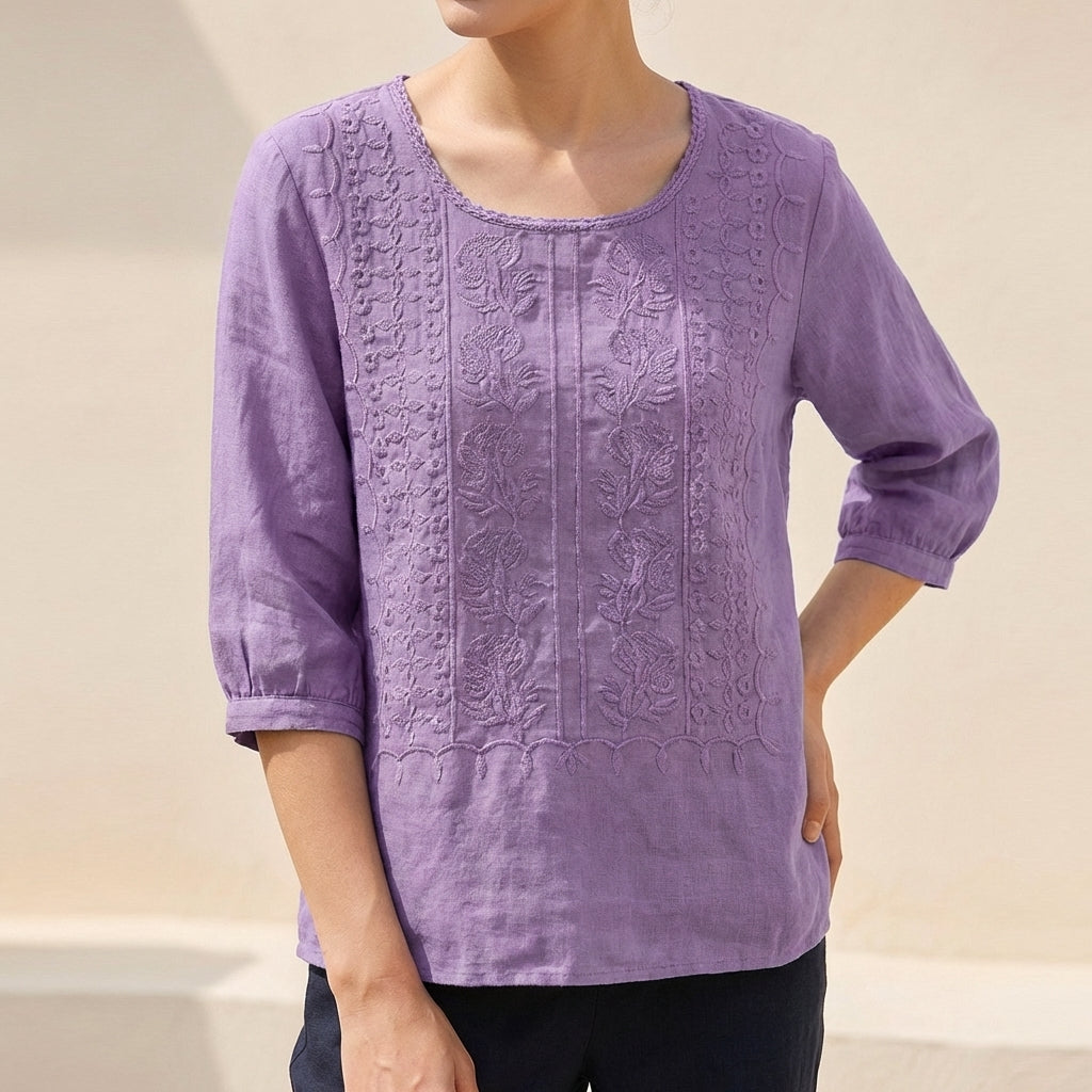 Relaxed Embroidered Blouse with Lace Trim and Pintuck Detail