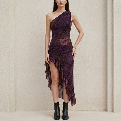 Bohemian One-Shoulder Printed High-Slit Maxi Dress