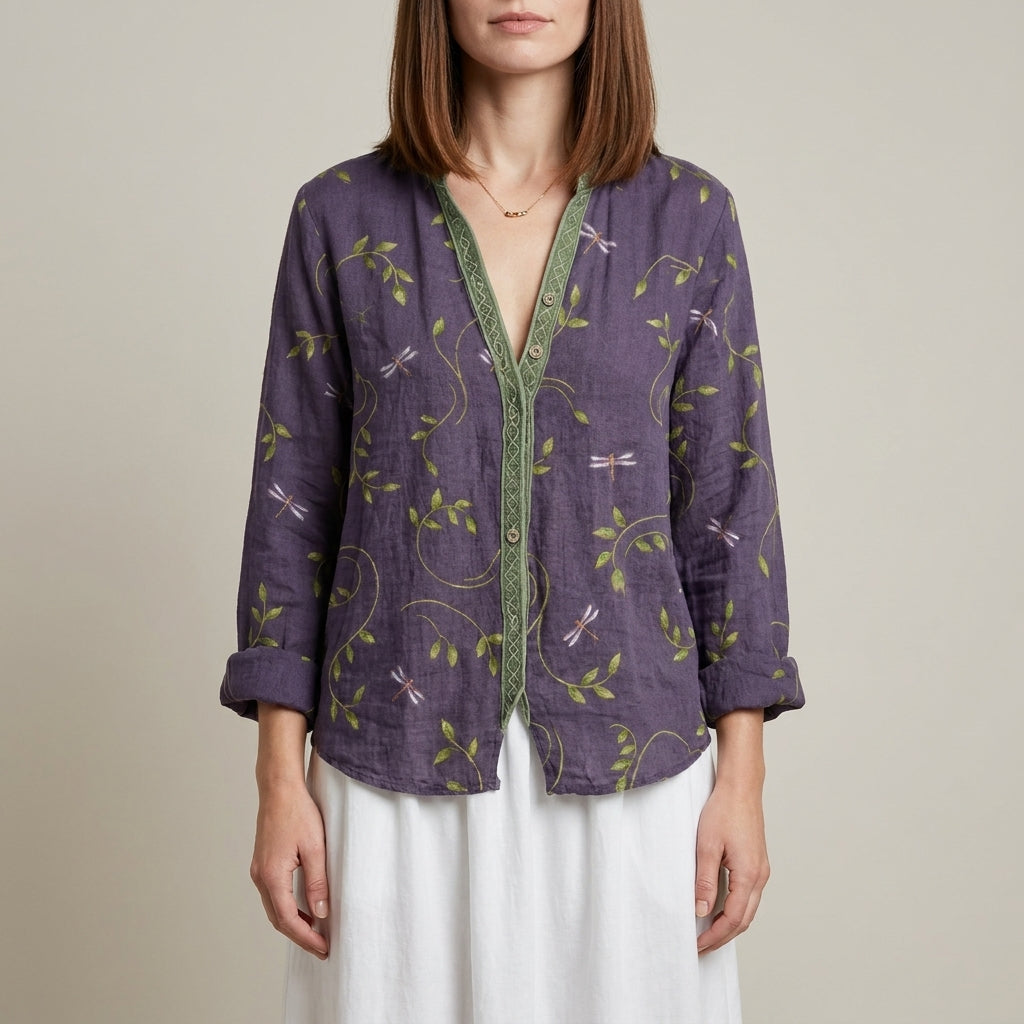 Botanical Print Relaxed Blouse with Embroidered V-Neck Detail