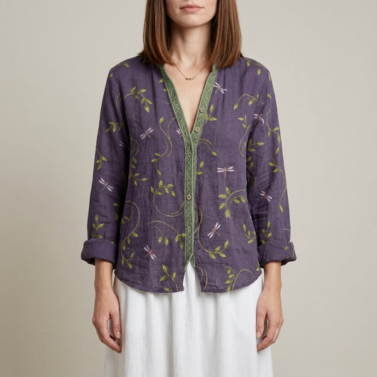 Botanical Print Relaxed Blouse with Embroidered V-Neck Detail