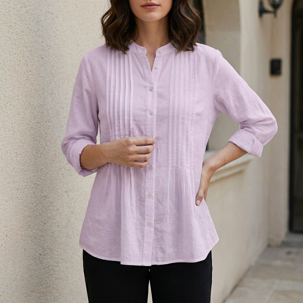 Elegant Pleated Button-Front Blouse with Relaxed Silhouette