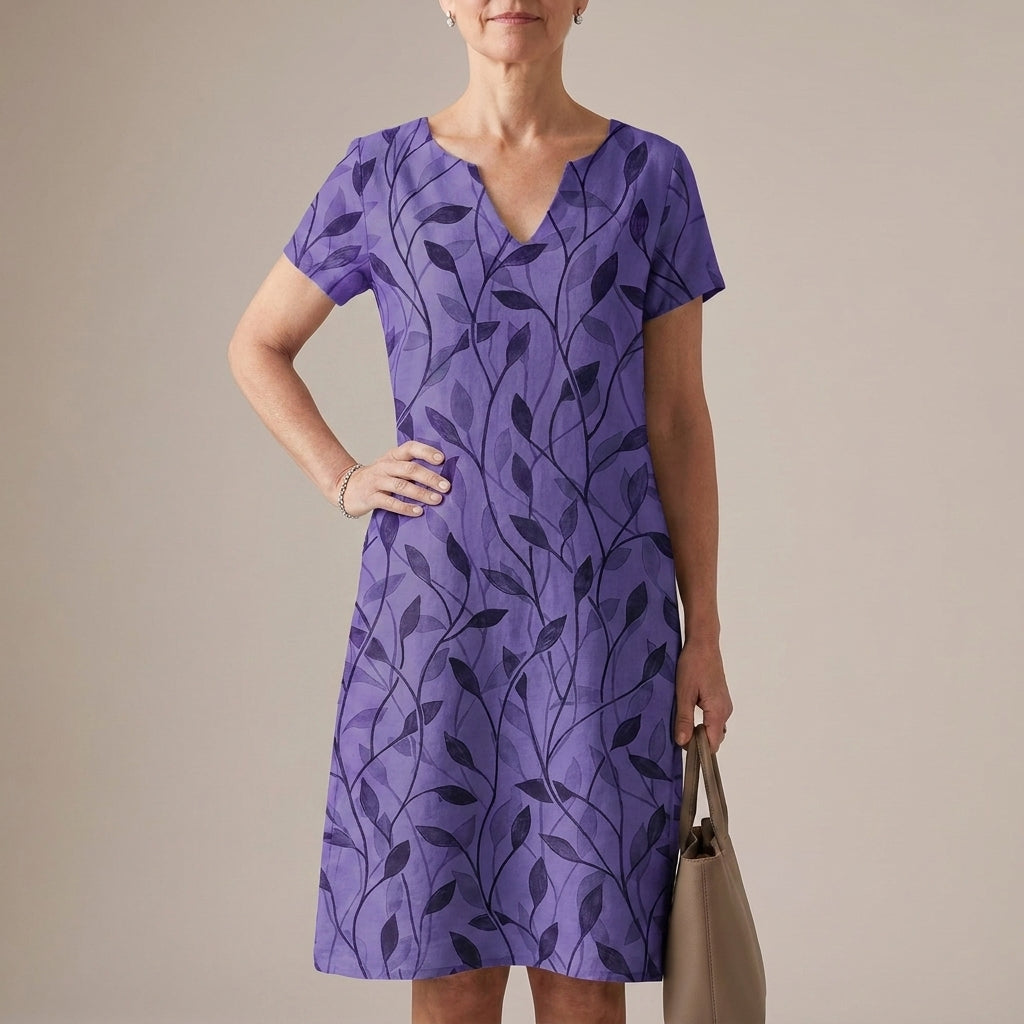 Relaxed A-Line Dress with Notched V-Neck and Botanical Motif