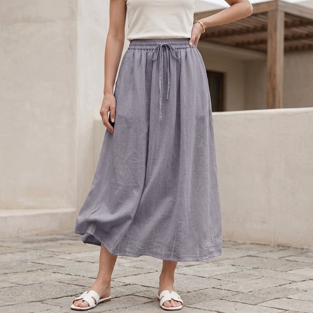 Flowing Linen-Blend Drawstring Maxi Skirt with Relaxed A-Line Silhouette