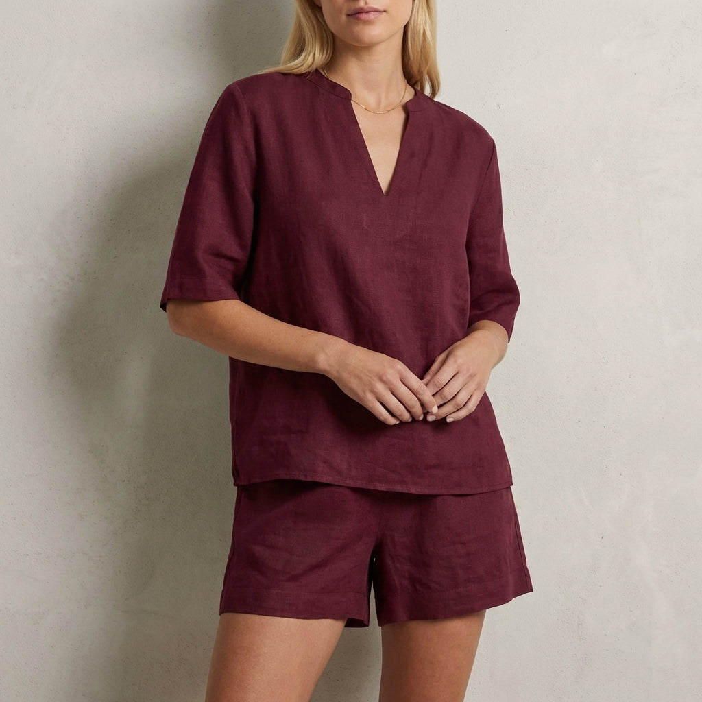 Relaxed Two-Piece Set with Split V-Neck Top and Wide-Leg Shorts