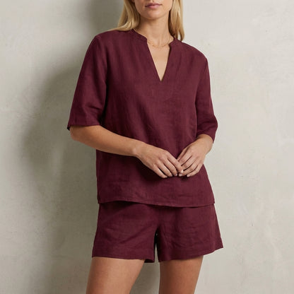 Relaxed Two-Piece Set with Split V-Neck Top and Wide-Leg Shorts
