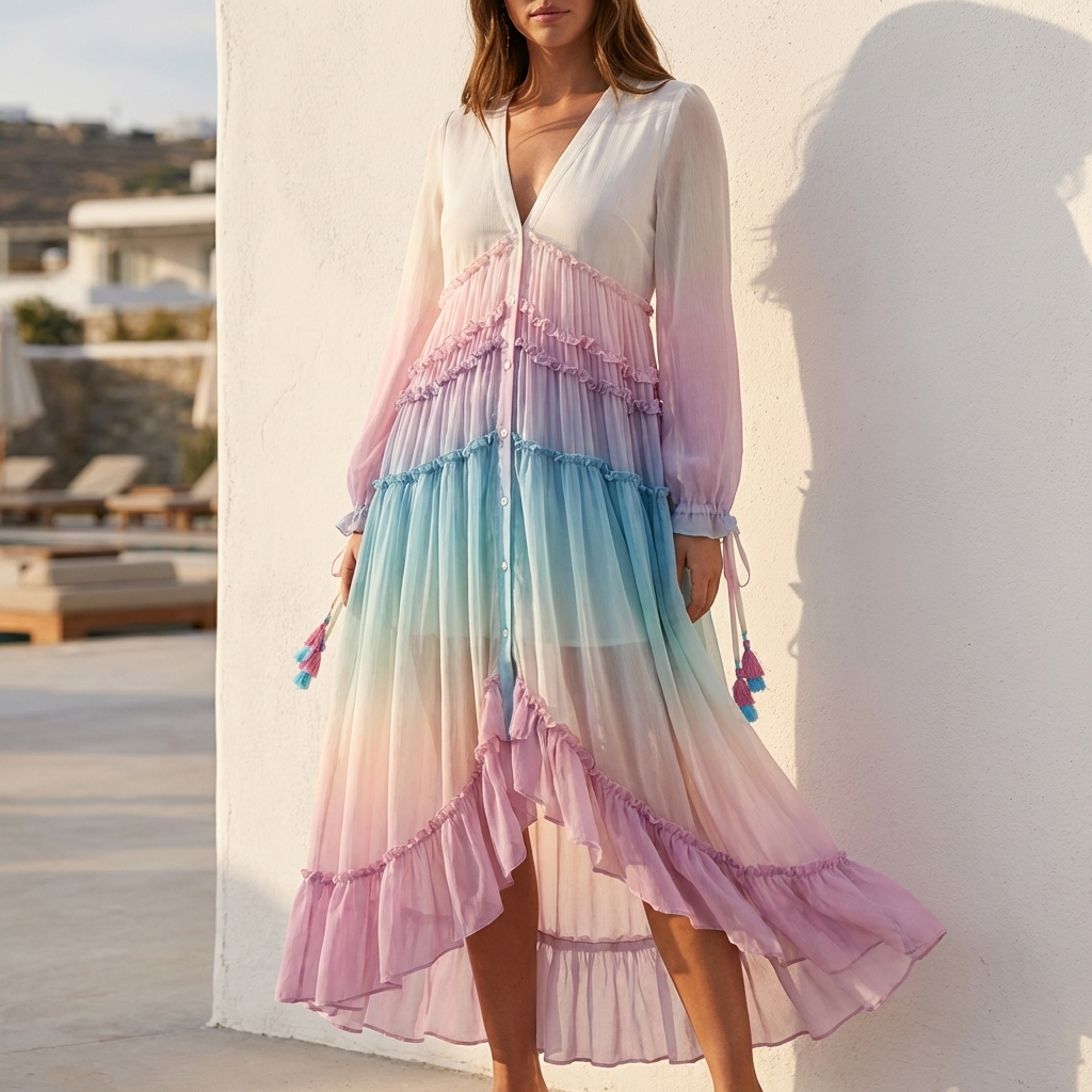 Bohemian Tiered Maxi Dress with Plunging Neckline and Ruffled Hem