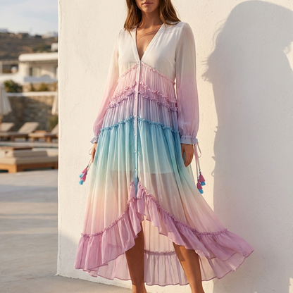 Bohemian Tiered Maxi Dress with Plunging Neckline and Ruffled Hem