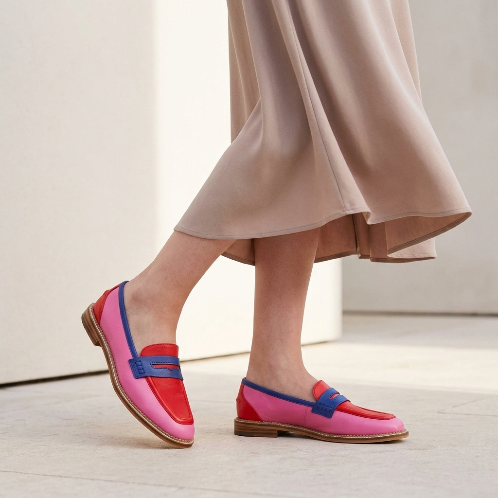 Structured Color-Blocked Penny Loafers with Low Block Heel for Women