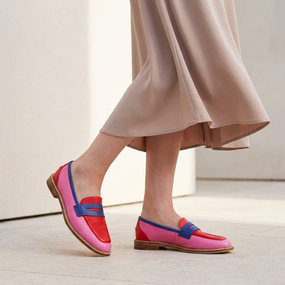 Structured Color-Blocked Penny Loafers with Low Block Heel for Women
