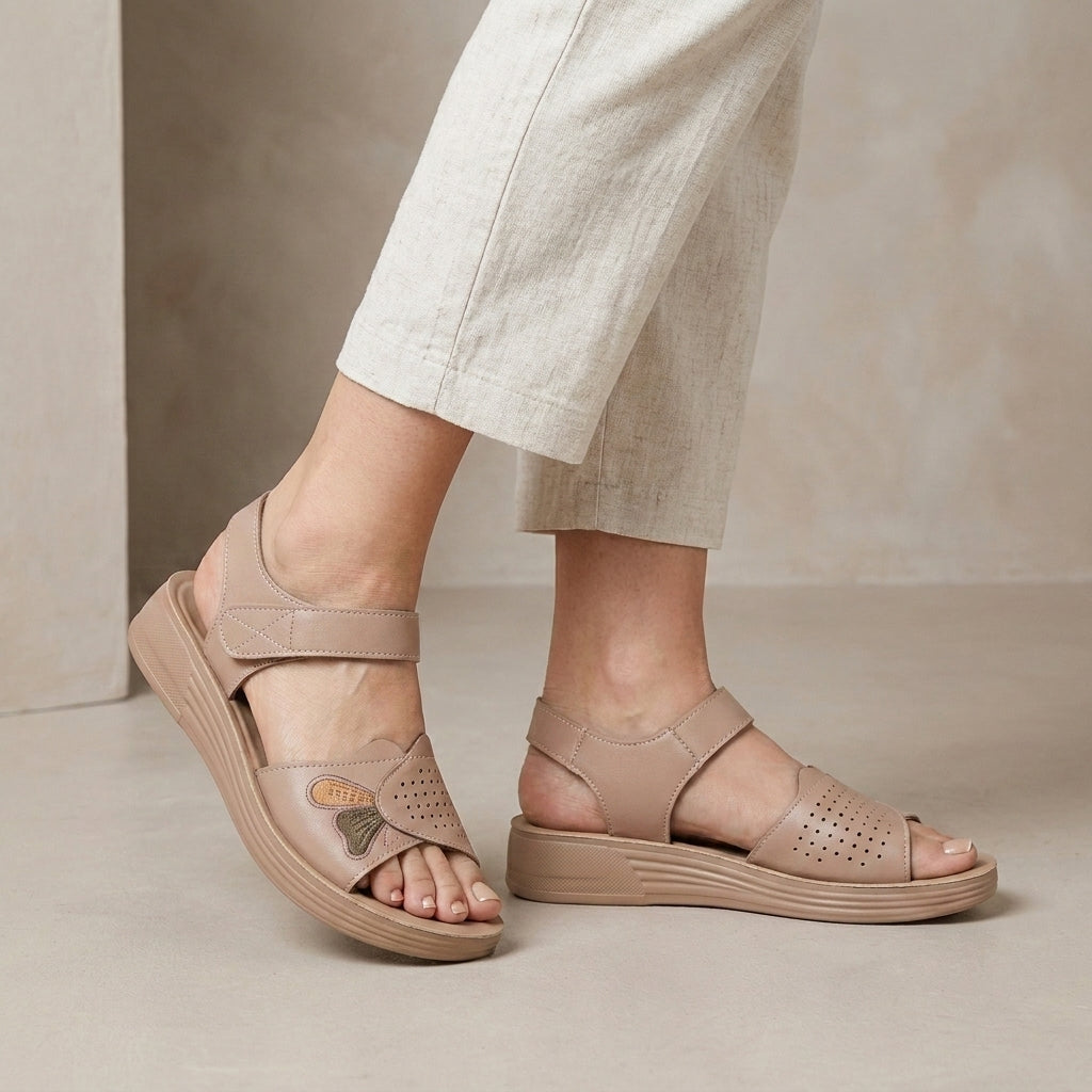 Elegant Wedge Sandal with Embroidered Butterfly and Cushioned Sole