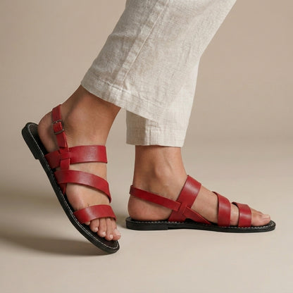 Roman-Inspired Multi-Strap Flat Sandals with Adjustable Ankle Buckle