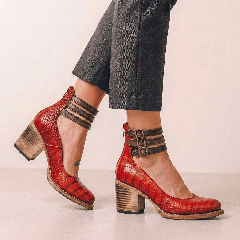 Distressed Vegan Leather Block Heel Pumps with Buckled Ankle Straps and Cut-Out Details
