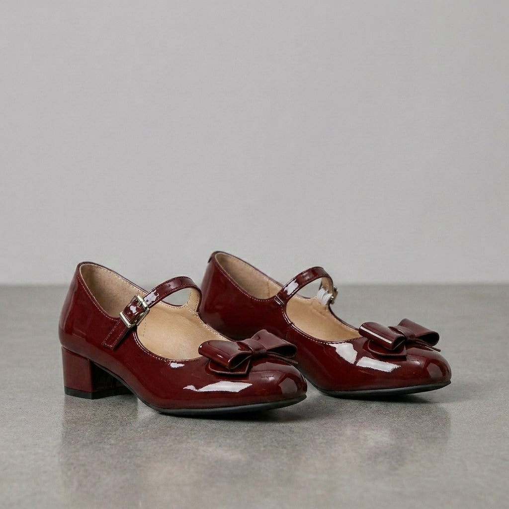 Glossy Bow Accent Mary Jane Heels with Elegant Feminine Silhouette