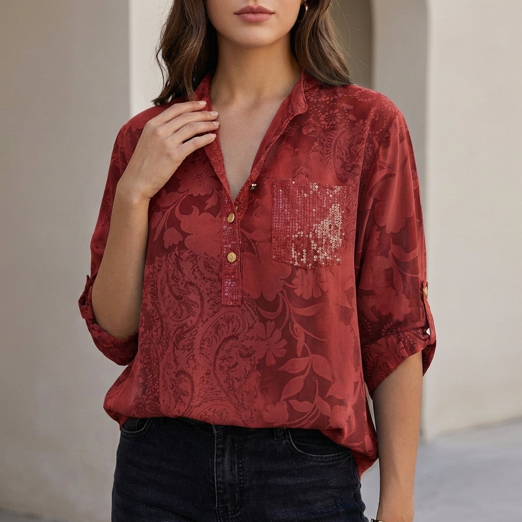 Relaxed Floral Burnout Blouse with Adjustable Roll-Tab Sleeves