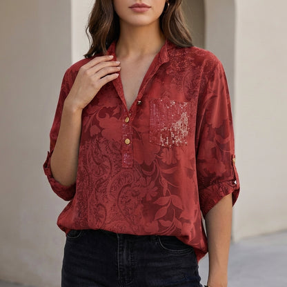 Relaxed Floral Burnout Blouse with Adjustable Roll-Tab Sleeves