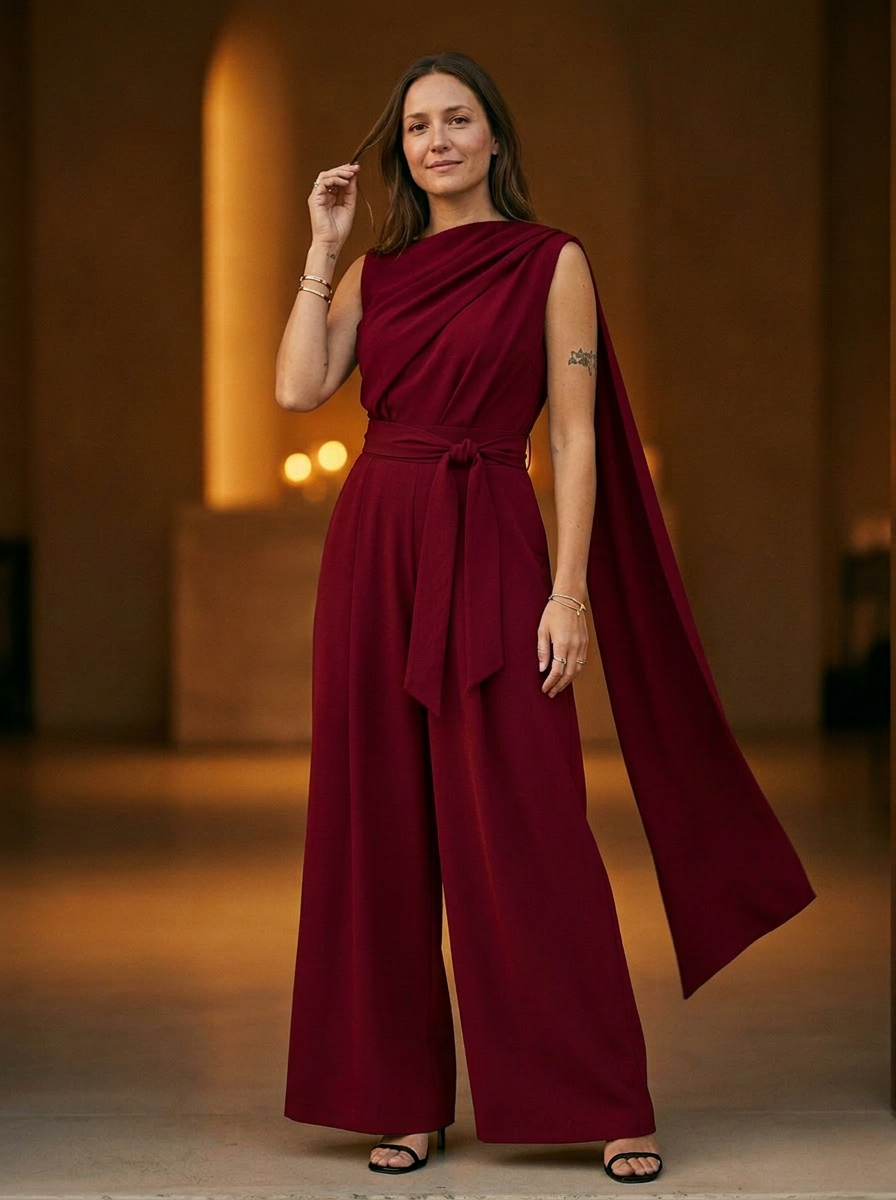 Draped Cowl Neck Jumpsuit with Belted Waist and Wide Leg