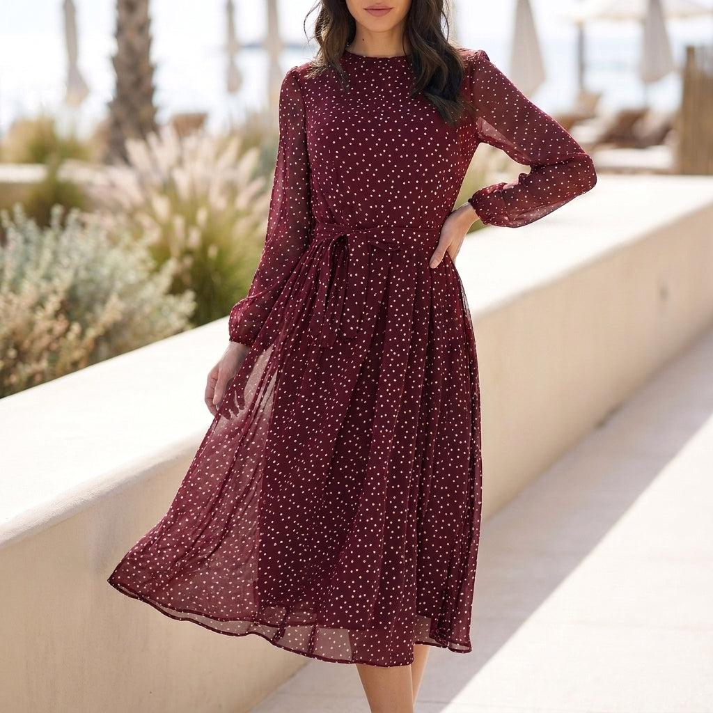 Polka Dot A-Line Midi Dress with Tie-Waist and Sheer Sleeves