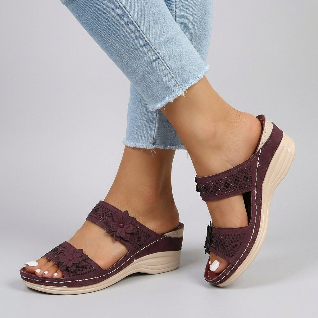 Embellished Floral Wedge Comfort Orthopedic Sandals