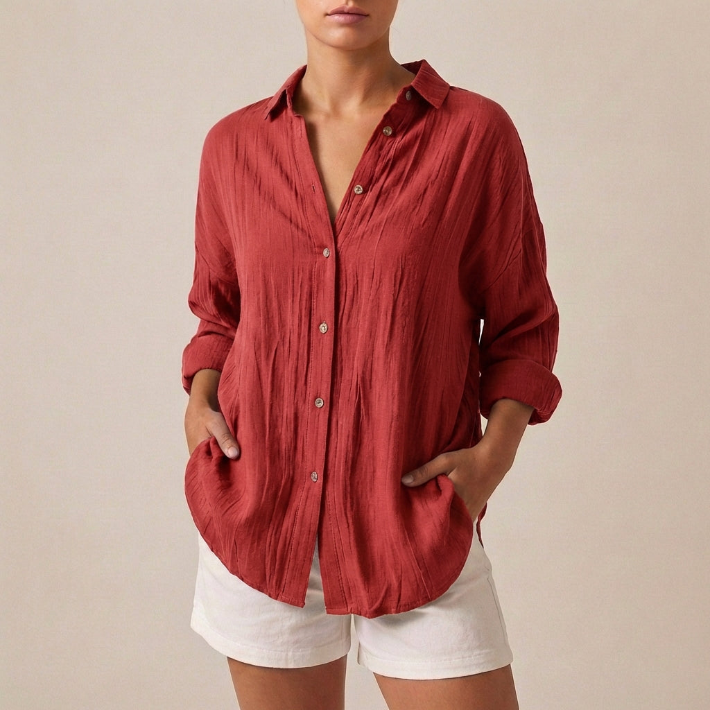 Linen Relaxed-Fit Longline Button-Up Shirt with Lapel Collar and Pleats