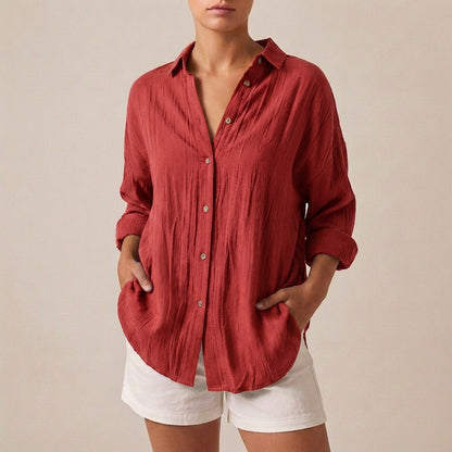 Linen Relaxed-Fit Longline Button-Up Shirt with Lapel Collar and Pleats