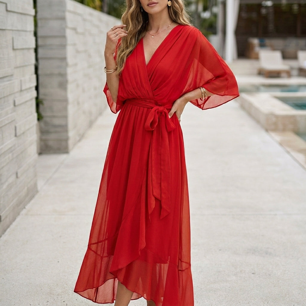 Flowing Midi Dress with Pleated Wrap Bodice and Ruffled Hem