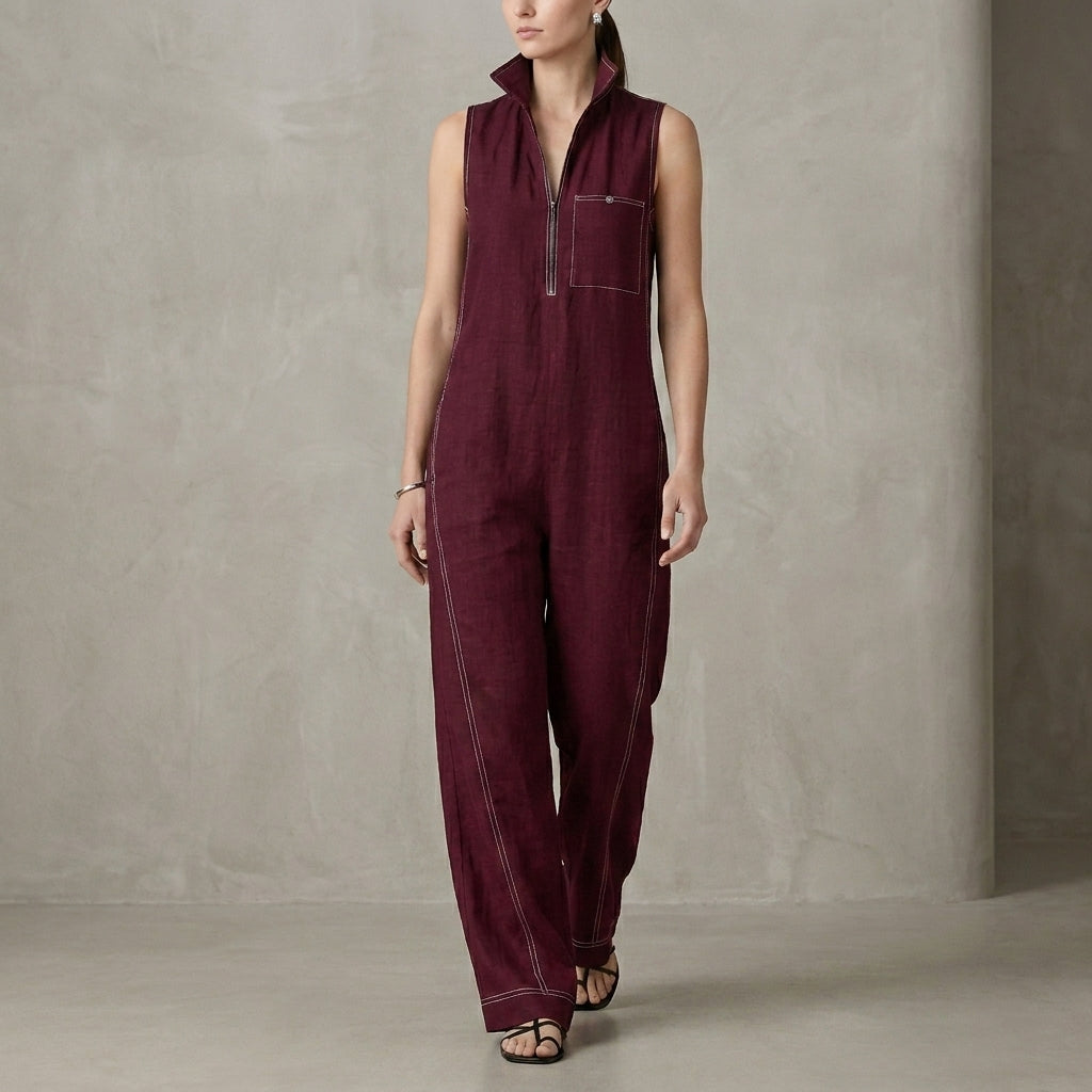 Relaxed Wide-Leg Sleeveless Jumpsuit with Structured Stand Collar