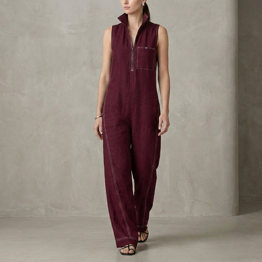 Relaxed Wide-Leg Sleeveless Jumpsuit with Structured Stand Collar