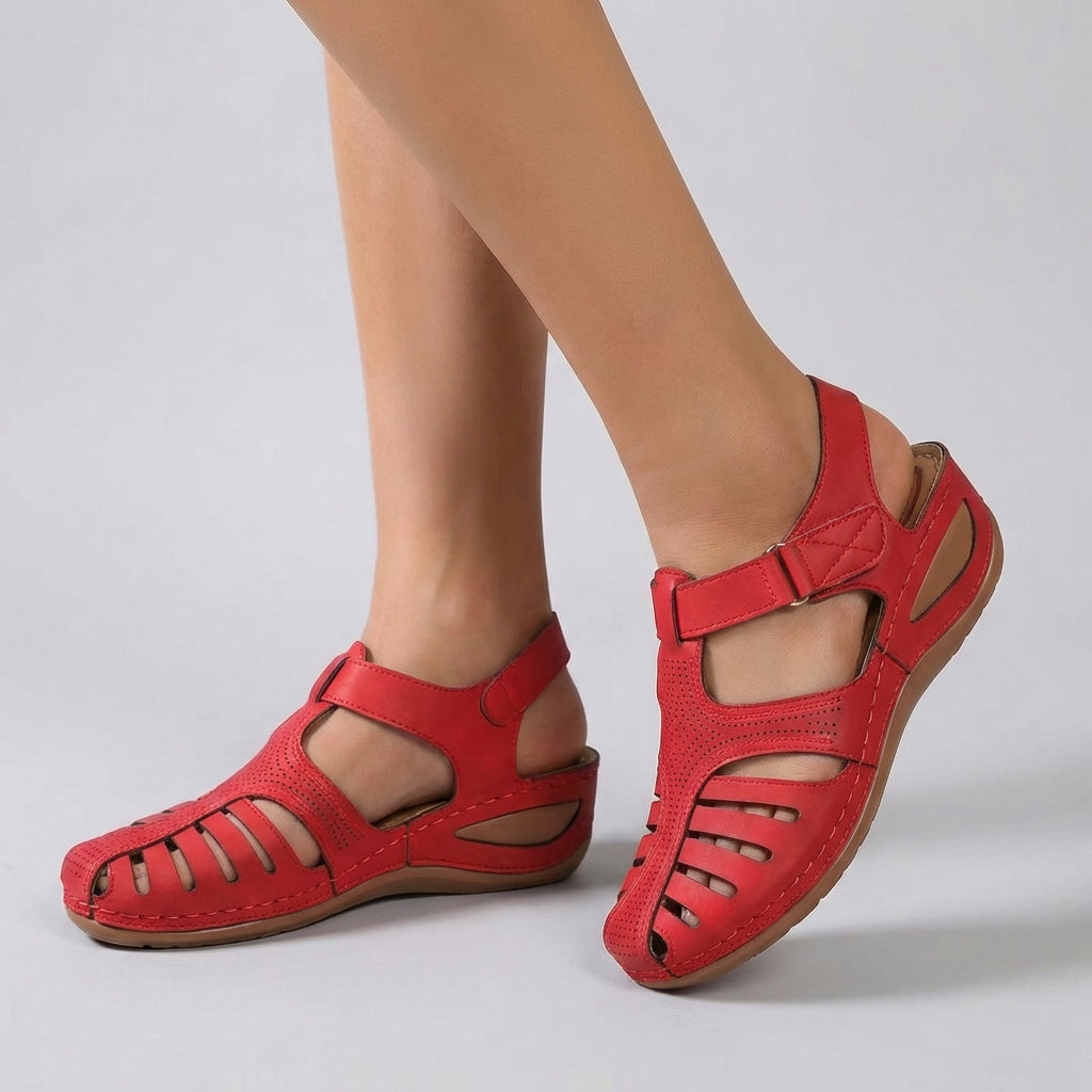 Refined Leather Wedge Sandals with Perforated Cut-Outs and Ankle Strap