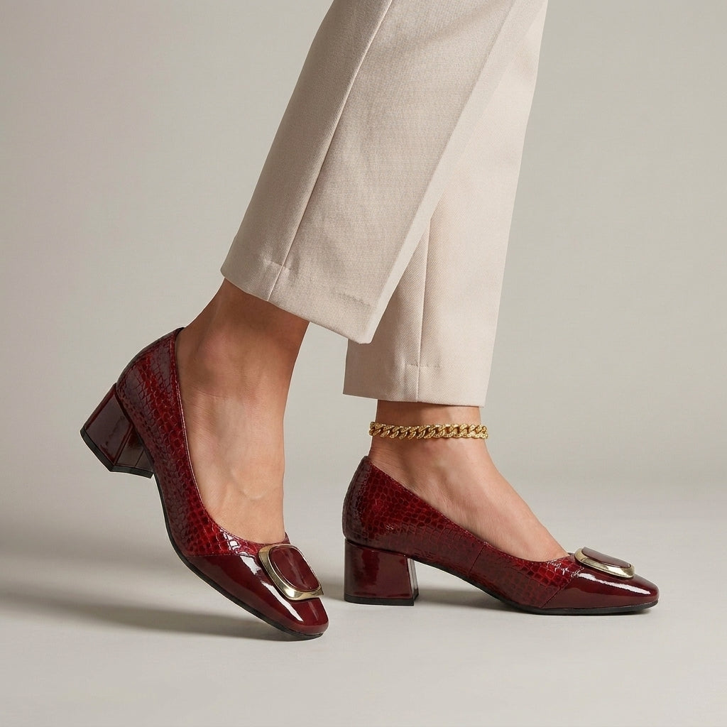 Textured Block Heel Pumps with Elegant Metallic Accent Detail