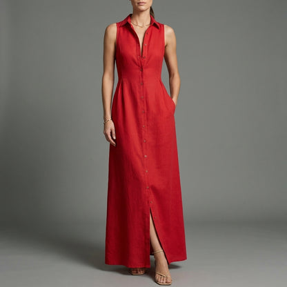 Sleeveless Button Front Maxi Dress with Elegant Tailored Resort Silhouette
