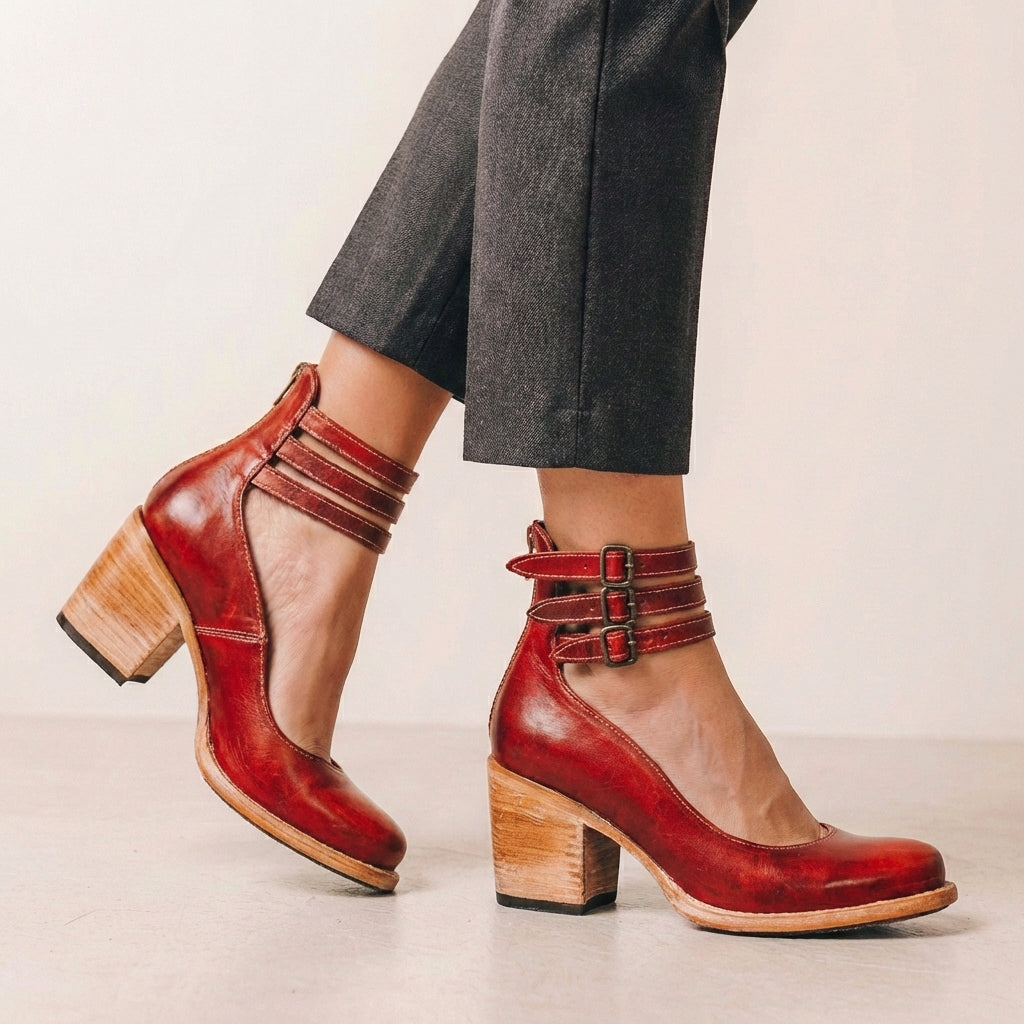 Distressed Vegan Leather Block Heel Pumps with Buckled Ankle Straps and Cut-Out Details