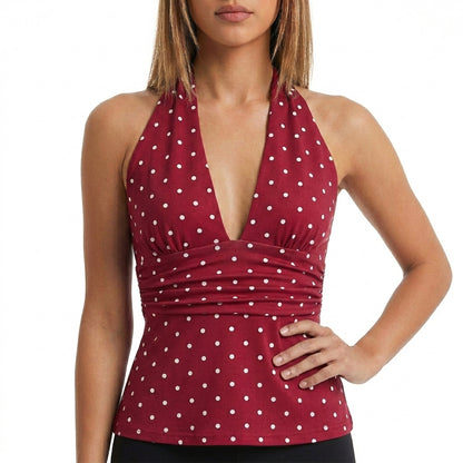 Sleek Halter Neck Peplum Top with Ruched Waist and Flared Hem